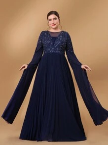 Serin Plus Size Elegant Luxury Rhinestone And Pearl Embroidery Blue Long Sleeve Chiffon Ruffle Flared A-Line Dress For Formal Dinner Event Mother Of The Bride Evening Dress