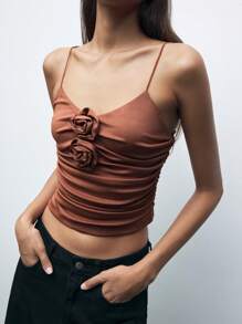 Maija Women's Elegant Solid Color 3D Floral Decor Ruched Party Slim Fitted Cami Top, Autumn/Winter