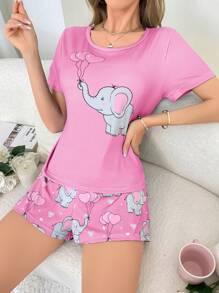 2pcs Cute Elephant Heart Pattern Women Pajamas Set - Multicolor - View 3