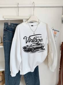 Muchica Suéter de Moletom Branco de Ajuste Folgado e Grosso com Estampa Vintage Minimalista de Carro Casual, Adequado para Outono/Inverno, para Mulheres - Branco - Visão 3