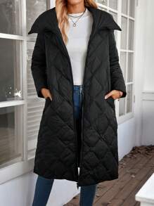 EMERY ROSE Women Solid Color Zip Pocket Casual Long Sleeve Jacket,Down& Feathers Winter