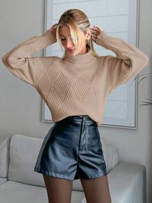 EURMUSE Women Solid Color Diamond Pattern Turtleneck Pullover - Camel - View 2