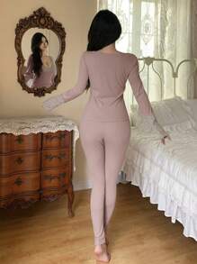 DAZY Lace Patchwork Deep V-Neck Slim Fit Sleepwear Set - Purple - View 2