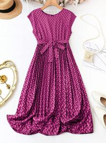 SHEIN Clasi 大码 V 领全身印花系带盖袖连衣裙 - 玫紅色 - 查看 1