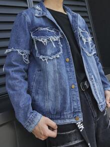 Manfinity Roghcode Men's Casual Distressed Denim Jacket For Autumn - Blue - View 3