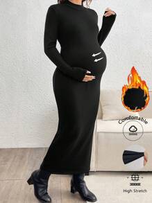 SHEIN 孕妇优雅纯色圆领长袖连衣裙，修身款式，秋季