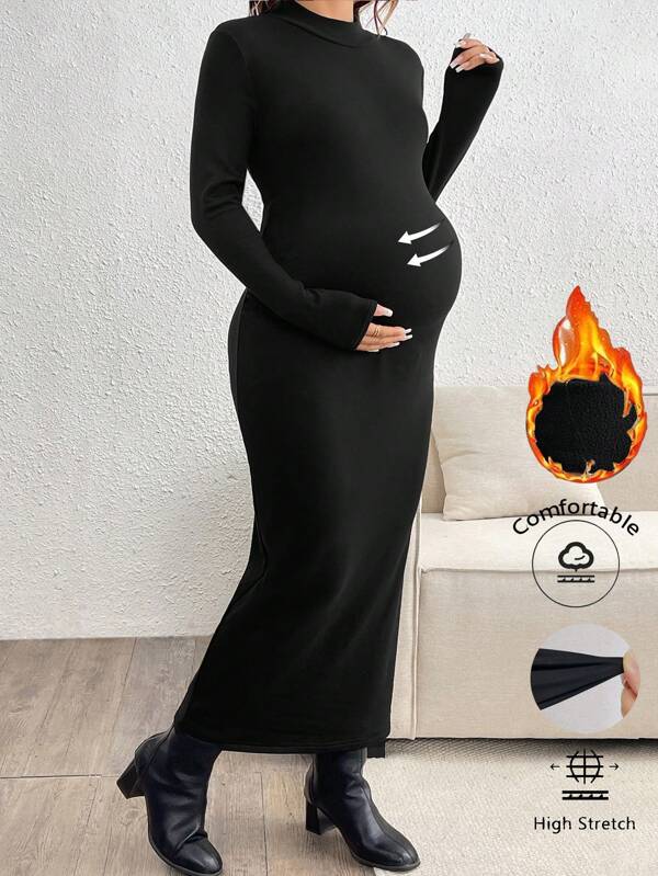 SHEIN Maternity Elegant Solid Color Round Neck Long Sleeve Dress, Fitted Style, Autumn