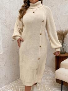 EMERY ROSE Plus Size Women Apricot White Casual Button Raglan Sleeve Loose Long Knitted Maxi Sweater Dress, For Winter