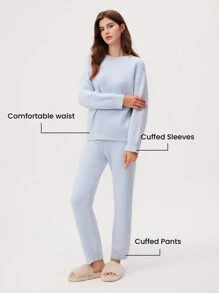 LUVLETTE 秋冬季毛绒圆领套头衫和裤子家居服睡衣套装内衣外套秋季睡衣服装 - 藍色 - 查看 4