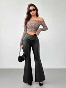 SHEIN PETITE Women's Fashionable Stretch V-Waist Flare Pants