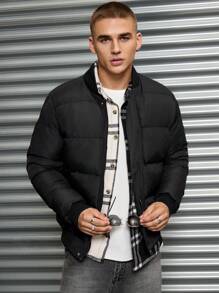 RueChic Men's Basic Style Dark Pattern Fabric Fitted Winter Coat - Black - View 5