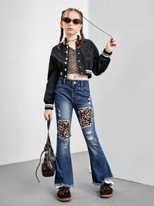 Jeans flare desgastado bordado com estampa de leopardo e lavagem escura para meninas