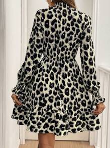 SHEIN Frenchy Damen Herbst Leoparden-Muster Stehkragen Langarm kurzes Mini-Kleid