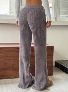 SHEIN EZwear High-Rise Flared Khaki Knit Trousers - Light Grey - View 2