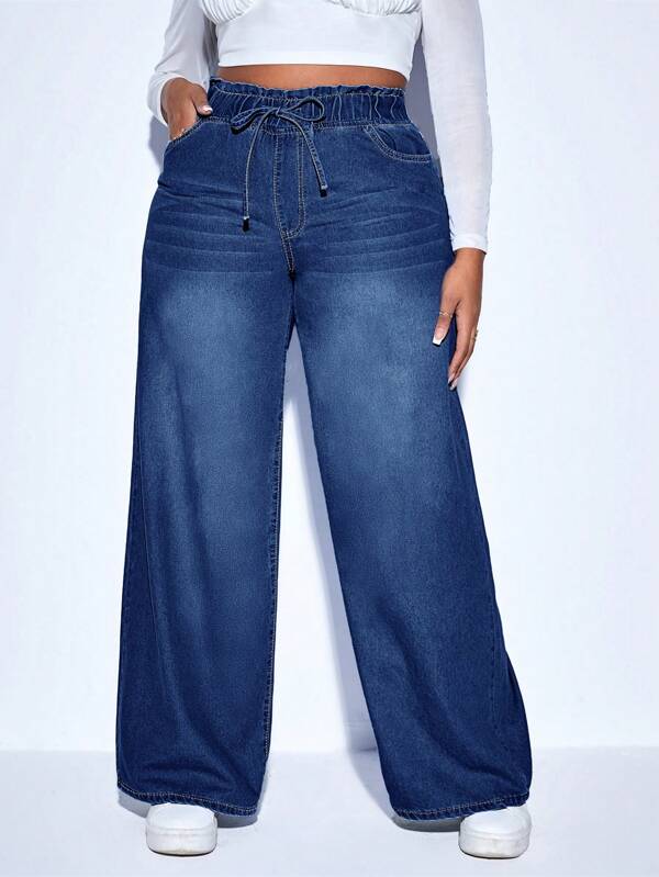 SHEIN SXY Plus Size Casual Loose Straight Leg Jeans, Washed Denim