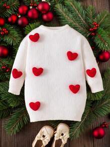 年轻女孩可爱 3D 心形图案拼色法式毛衣裙，非常适合秋冬季休闲日常穿着和学校日常穿着，温暖舒适的长袖，适合圣诞节，非常适合秋冬季休闲日常穿着和学校日常穿着和假期 - 白色 - 查看 3