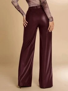 SHEIN BAE Brown PU Leather Pants, Asymmetrical Waistline Wide Leg Pants, Elegant Women Palazzo Trousers For Casual Outing, Club Wear, Chocolate - Burgundy - View 2