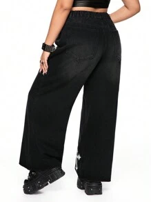 ROMWE Grunge Punk Plus Size Punk Cross Print Rhinestone Vintage Wash Loose Fit Jeans