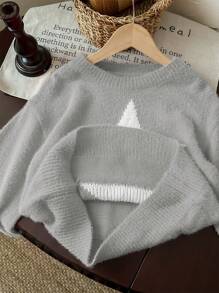 SHEIN Leap Crew Tween Girl Star Pattern Round Neck Drop Shoulder Sweater, Sibling Outfits - Multicolor - View 6