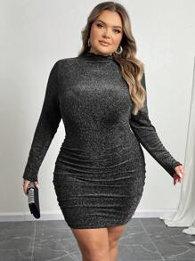 SHEIN CURVE+ Vestido de moda ceñido de manga larga con cuello de volantes, estampado floral brillante, para mujer de talla grande