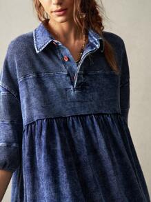 Bohemela Women's Casual Solid Color Woven Denim Short Sleeve Turndown Collar Long Shirt