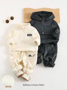 Cozy Pixies 4pcs Baby Boy Jacquard Collar Long Sleeve Pullover Hoodie & Drawstring Pants Set
