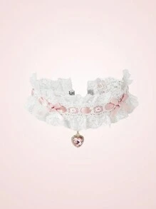 SHEIN MOD Women's Fashionable Lace Collar With Bow Decor Valentines - Pink - View 1