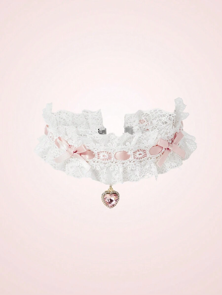 SHEIN MOD Women's Fashionable Lace Collar With Bow Decor Valentines - Pink - View 1