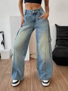 RueChic Low Waist Wide Leg Vintage Wash With Cat's Whiskers Adjustable Side Belt Jeans - Medium Wash - View 1