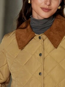 Aveloria Modichic 卡其色拼接灯芯绒立领长袖加厚棉服外套冬季百搭时尚通勤 - 卡其色 - 查看 2