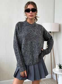 SHEIN Cottnline Casual Loose Fit Two-Tone Textured Crew Neck Sweater, Autumn/Winter - Dark Grey - View 1