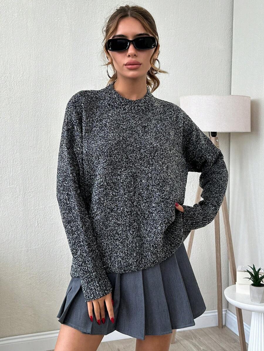SHEIN Cottnline Casual Loose Fit Two-Tone Textured Crew Neck Sweater, Autumn/Winter - Dark Grey - View 1
