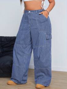 SHEIN ICON Quần Jeans Sọc Túi Hộp Rộng Thường Ngày Cho Nữ Cỡ Lớn - Màu xanh lam - Xem 5