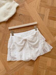 Comfortcana Women's White Lace Knit Bow-Decorated A-Line Skirt - White - View 3
