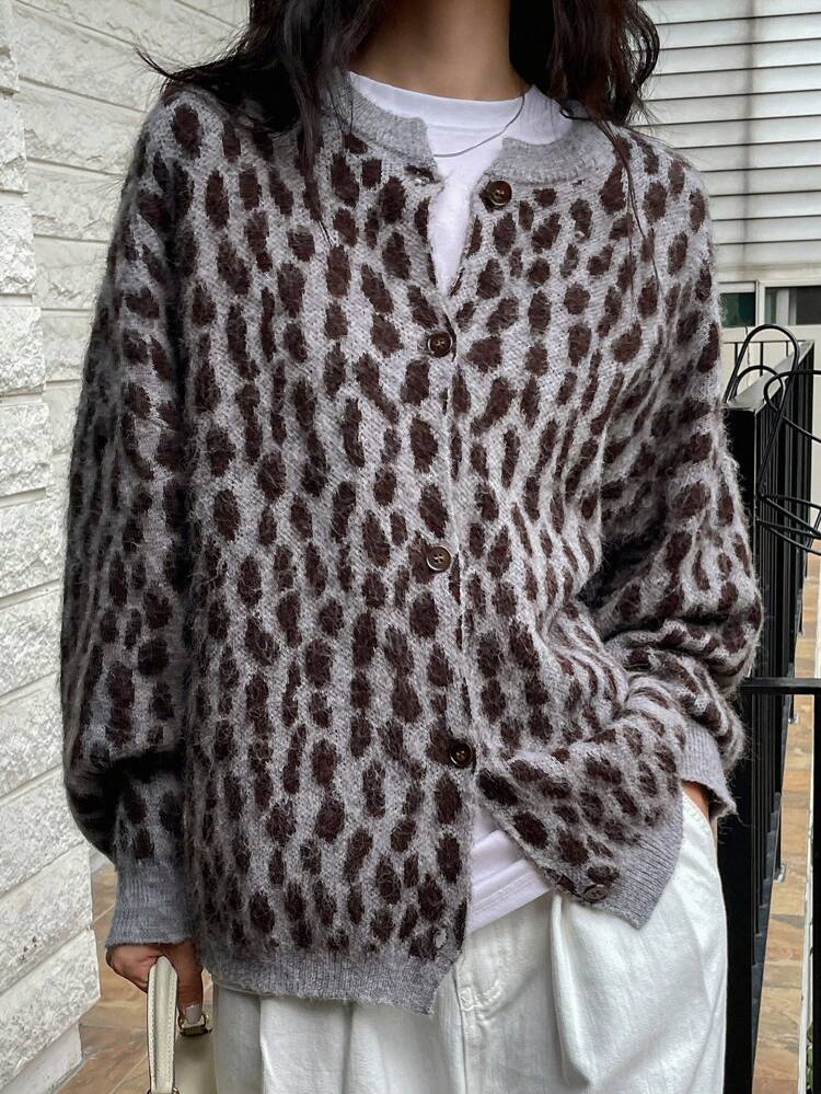 Leopard Print Patchwork Cardigan Knit Sweater For Women,Long Sleeve Tops,Fall Clothes