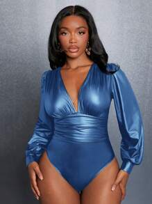 Slaydiva Elegant Deep V-Neck Bubble Sleeve & Waist Pleated Black Pu Coated Bodycon Bodysuit For Women