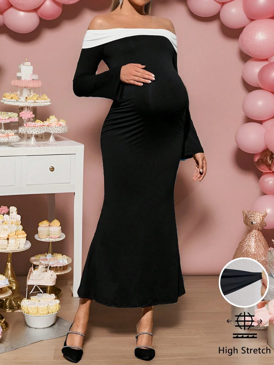 Loomaby Maternity Gender Reveal Dress Contrasting Off Shoulder Long Sleeve Mermaid Hem Dress, For Baby Shower Party - Black - View 1