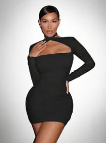 SHEIN SXY Women Sheer Mesh Crisscross Ruched Backless Bodycon Prom Dress - Black - View 4