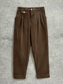 Manfinity Hypemode Quần âu thường ngày vải nhung kẻ Neapolitan thời trang cổ điển cho nam, quần nhung kẻ thu đông, quà tặng bạn trai, quần dài trơn, dành cho chồng - màu nâu - Xem 3