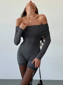 Aloruh Mono corto de punto gris de manga larga con hombros descubiertos estilo Y2K para damas