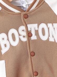 SHEIN Juego de 2 piezas para bebé niño/niña: Chaqueta de felpa de punto y pantalones, color marrón/blanco, diseño deportivo de béisbol con bordado de letras a juego, diseño de parches casual, adecuado para otoño/invierno