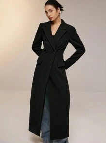 Poéselle Women's Solid Color Lapel Neck Double Button Long Elegant Jacket, Regular Fit, For Autumn