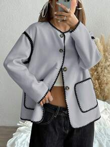 SHEIN EZwear 女式休闲宽松外套，带按扣前袋，秋季