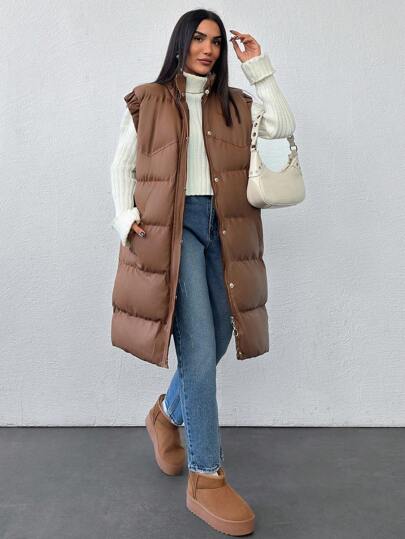 EURMUSE Simple Solid Zip Up Puffer Vest Coat For Winter, Women Clothes