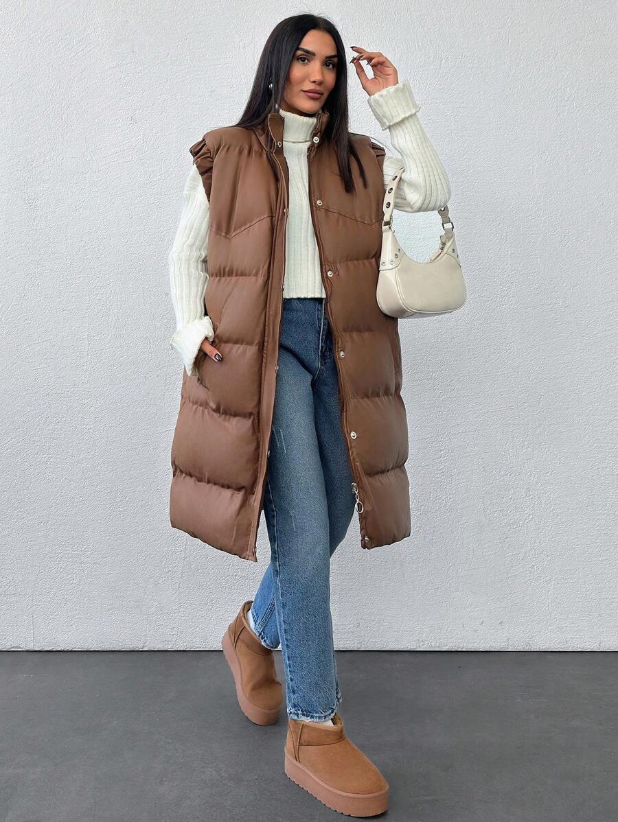SHEIN Cottnline Simple Solid Zip Up Puffer Vest Coat For Winter, Women Clothes - Brown - View 1