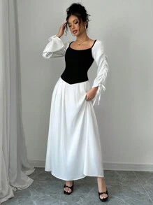 SHEIN Unity Women's Square Collar Patchwork Cinched Waist Long Sleeve Slim Fit Long Dress, Elegant - Black and White - View 5