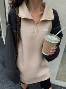DAZY Áo nỉ in chữ cổ đứng trang trí tương phản cho nữ, áo dài tay, quần áo mùa thu - Màu Khaki - Xem 6