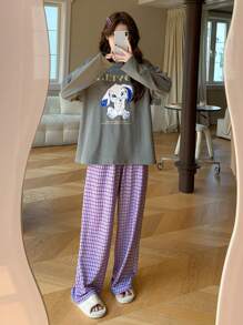 DAZY Cute Rabbit Pattern Print Top And Plaid Pajama Pants Pajamas Set - Grey - View 6