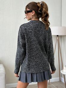 SHEIN Cottnline Casual Loose Fit Two-Tone Textured Crew Neck Sweater, Autumn/Winter - Dark Grey - View 2