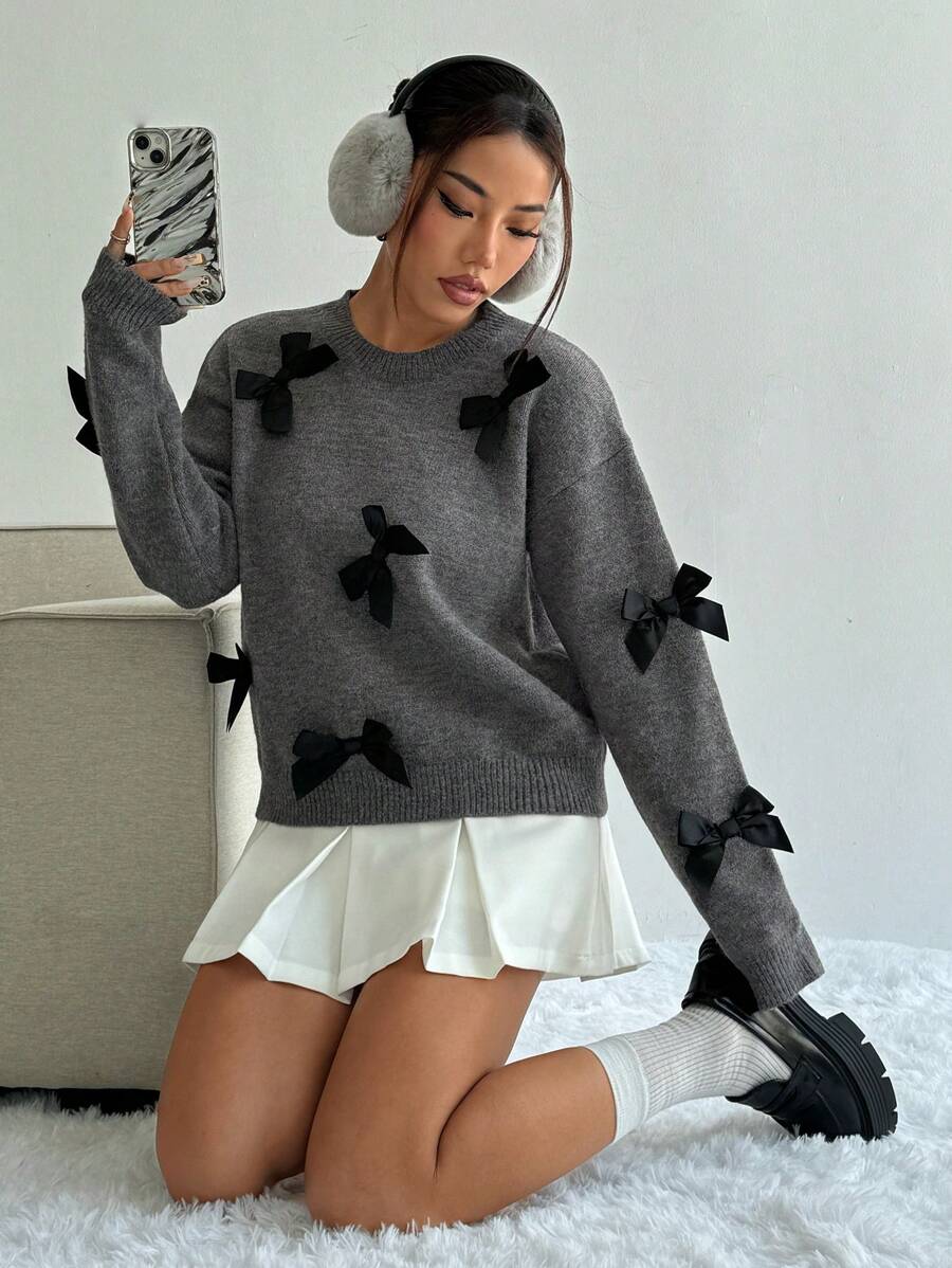 SHEIN Unity Áo len nữ dệt kim phối màu, kiểu dáng thường ngày, có nơ trang trí, thích hợp cho mùa thu/đông, tay dài. - Xám - Xem 1